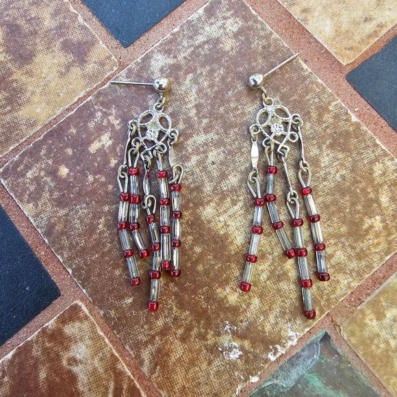 Vintage silver and red dangle heart earrings post back - Picture 1 of 1